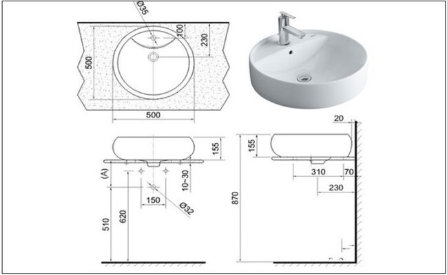 Mẫu thông số kỹ thuật của mẫu lavabo âm bàn