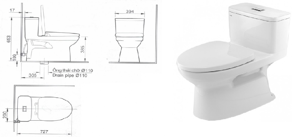 Kích thước bồn cầu dạng liền khối Inax AC-969VN