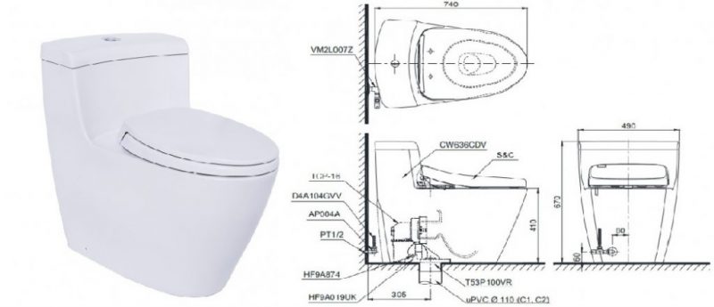 Kích thước của bồn cầu 1 khối TOTO MS636DT2