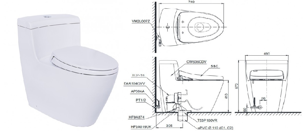 Kích thước của bồn cầu 1 khối TOTO MS636DT2