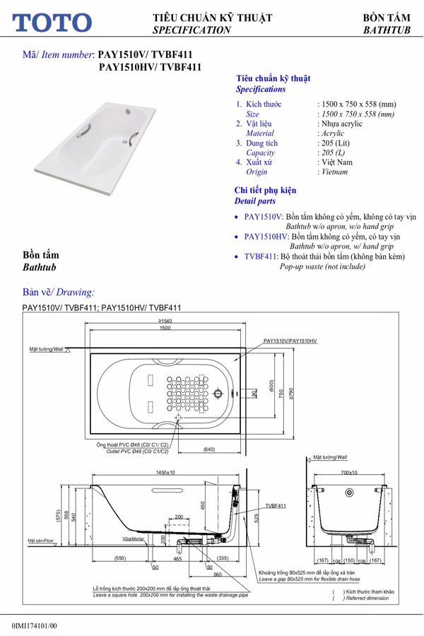 Kích thước bồn tắm TOTO PAY 1510V#W/TVBF411 chiều cap 1.5 m