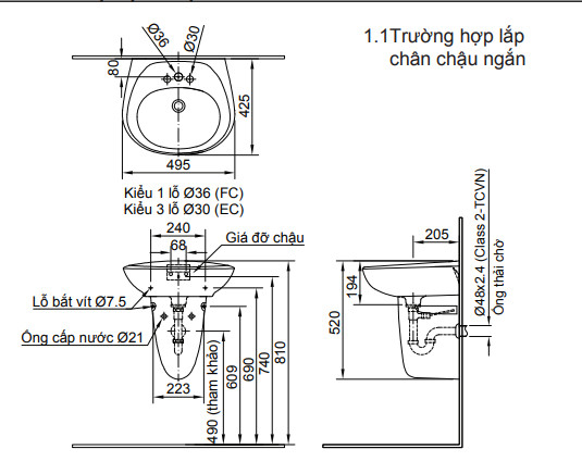 Chi tiết lắp đặt với lavabo treo tường không chân