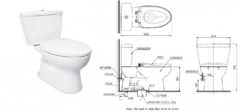 Kích thước bồn cầu 2 khối TOTO CS300DT3Y1