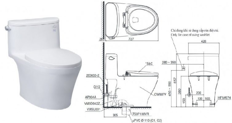 Kích thước của TOTO MS887DT3 nguyên khối