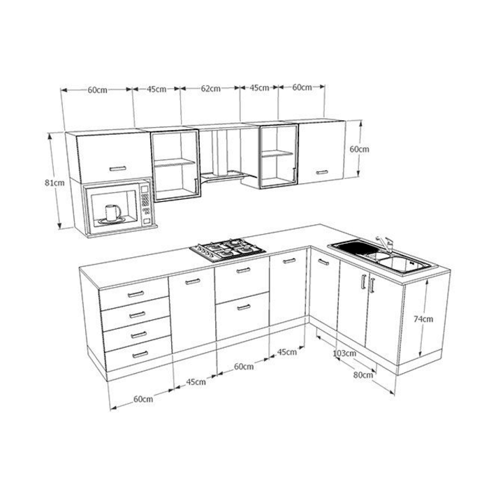 Kích thước tủ bếp dưới - trên chữ L