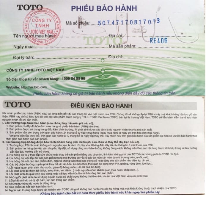 Phiếu bảo hành sản phẩm Toto chính hãng