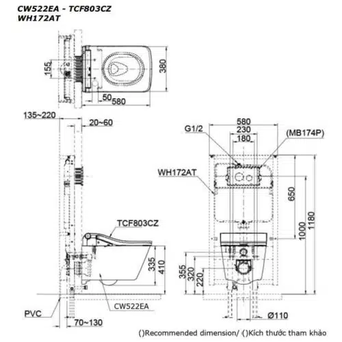 bồn cầu toto treo tường CW522EA TCF803CZ