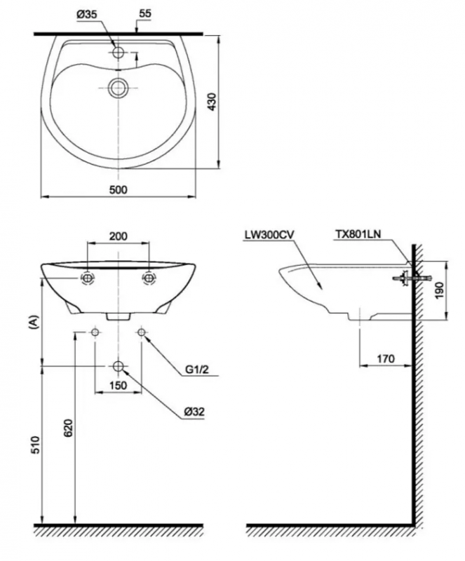 Bản vẽ Lavabo Treo Tường TOTO LT300C