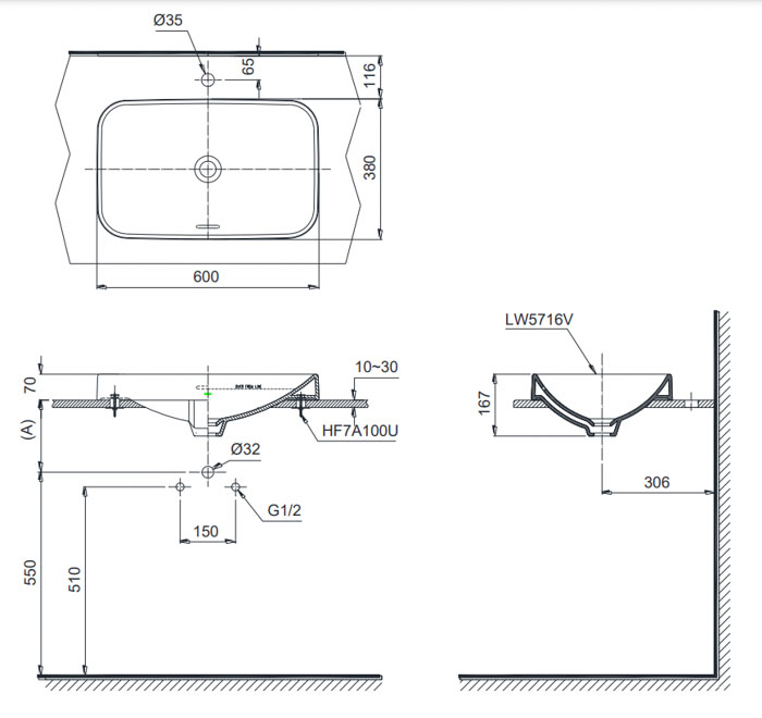 Bản vẽ Lavabo Đặt Bàn TOTO LT5716
