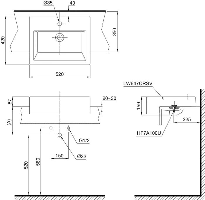 Bản vẽ Lavabo Bán Âm TOTO LT647CS