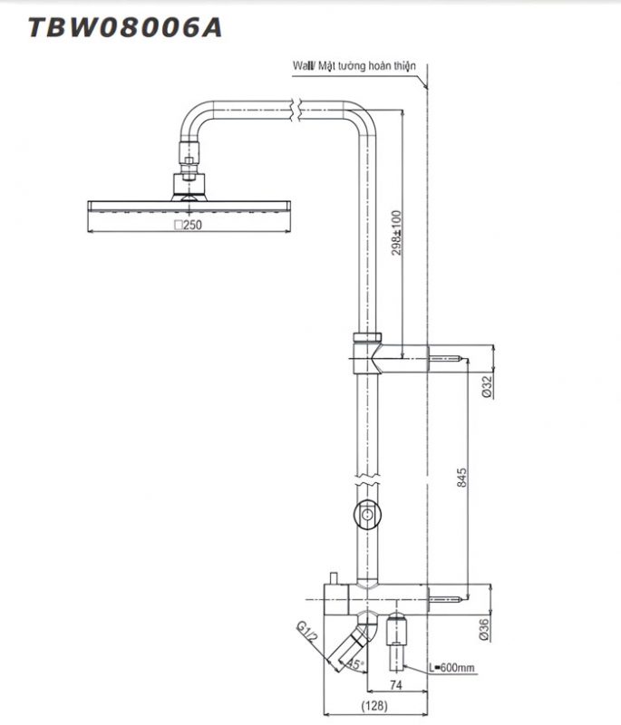 Bản vẽ Sen Tắm Cây Nóng Lạnh TOTO TBW08006A