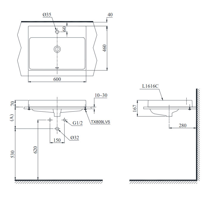 Bản vẽ Lavabo Đặt Bàn TOTO L1616C