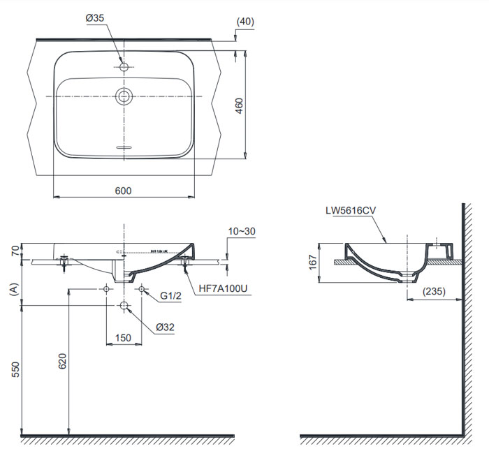 Bản vẽ Lavabo Đặt Bàn TOTO LT5616C