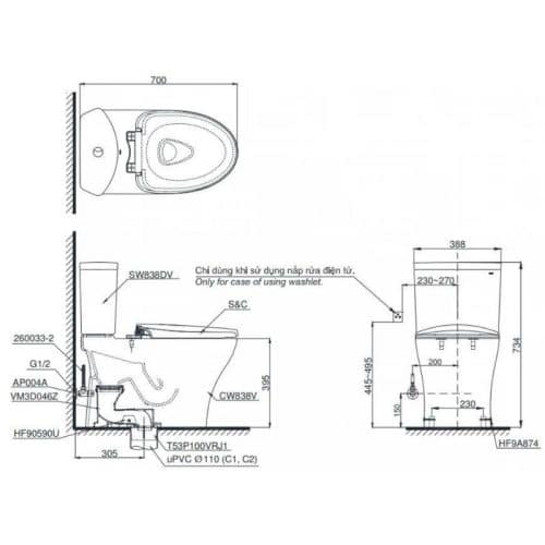 bồn cầu toto CS838CDW15 