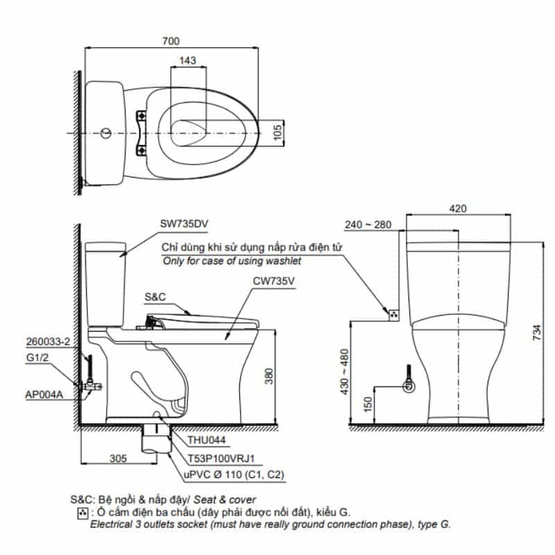 Bồn Cầu 2 Khối Washlet TOTO CS735DW14 - Ảnh 2