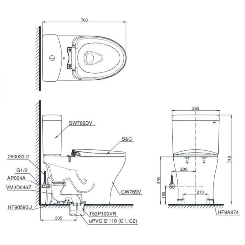 Bồn Cầu 2 Khối TOTO CS769DRT3 Nắp TC385VS - Ảnh 2
