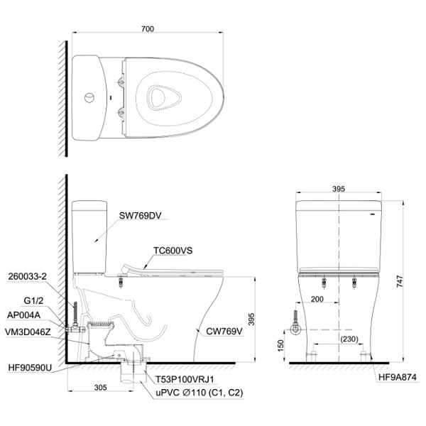 Bồn Cầu 2 Khối TOTO CS769DRT8 Nắp TC600VS - Ảnh 3
