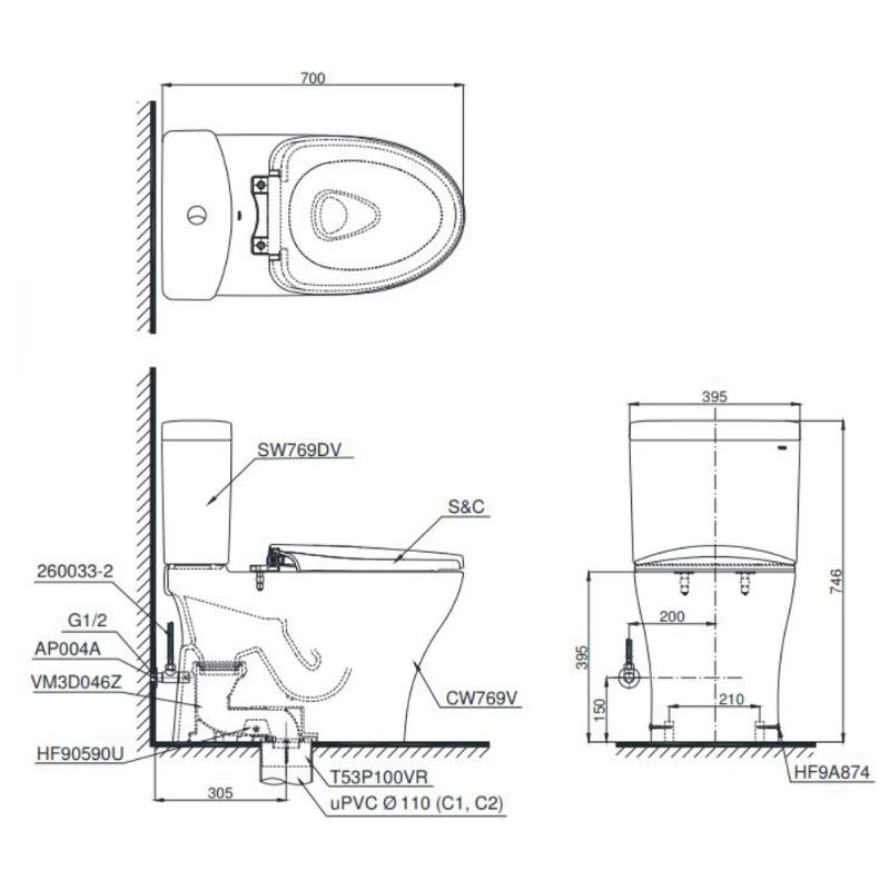 Bồn Cầu 2 Khối TOTO CS769DRT2 Nắp TC393VS - Ảnh 2