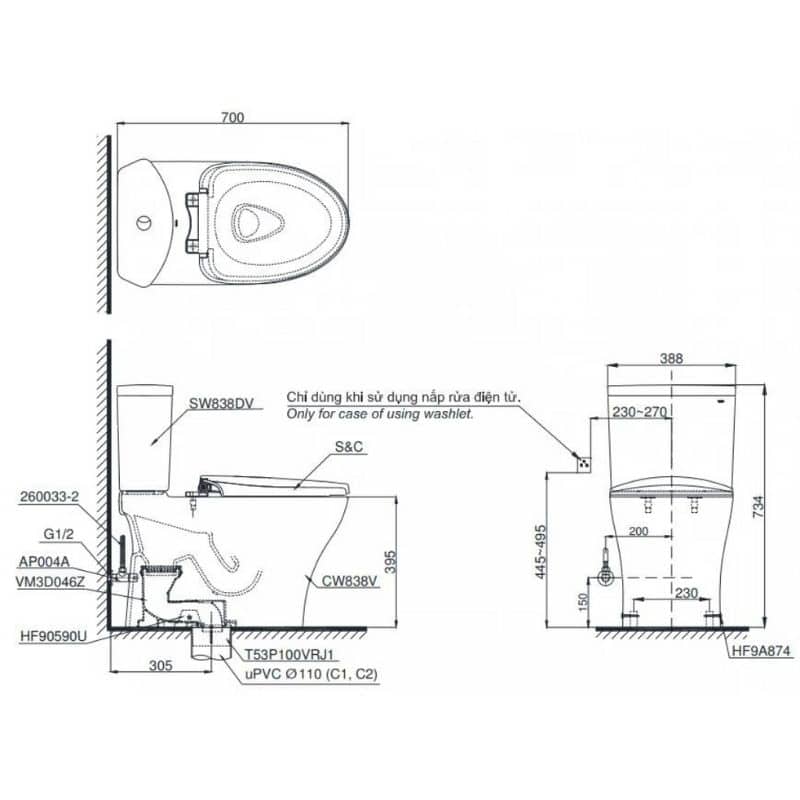 Bồn Cầu 2 Khối Washlet TOTO CS838DW14 - Ảnh 2