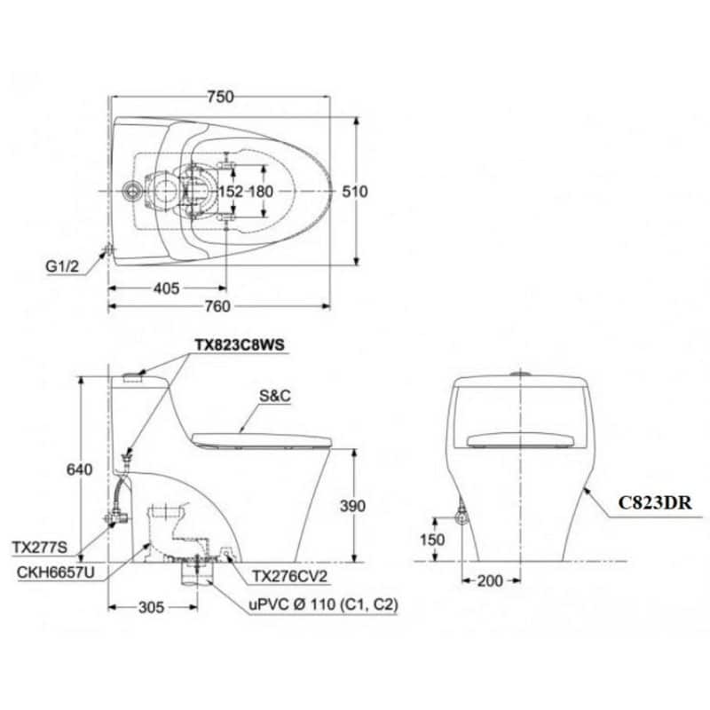 Bồn Cầu TOTO MS823DRE2 Một Khối Nắp Cơ Ecowasher - Ảnh 2