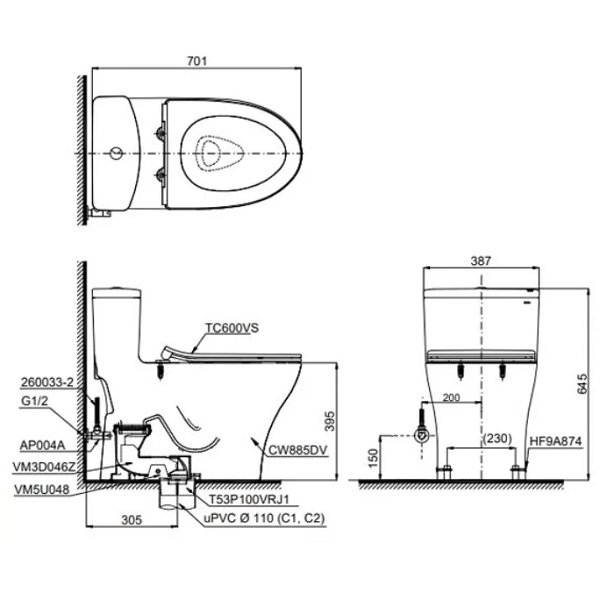 Kích thước bồn cầu TOTO MS885DT8