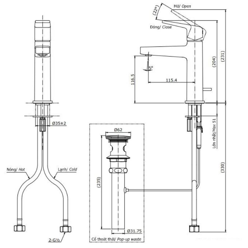 Vòi Lavabo TOTO TLG10301V Nóng Lạnh - Ảnh 2
