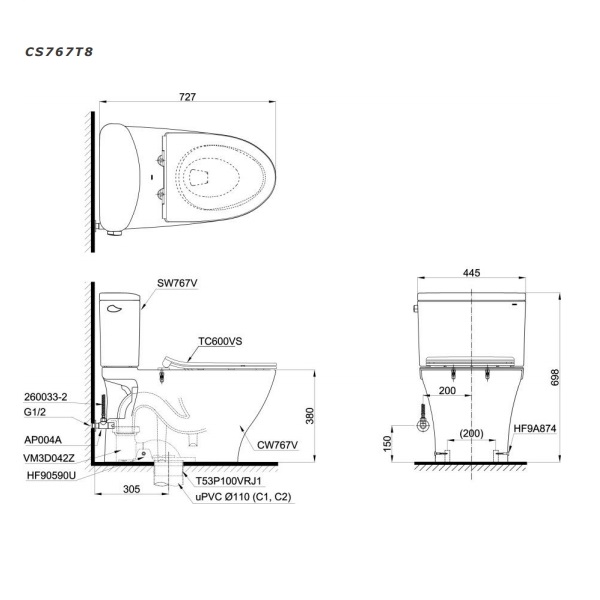 Bồn Cầu 2 Khối TOTO CS767RT8 Nắp TC600VS - Ảnh 3