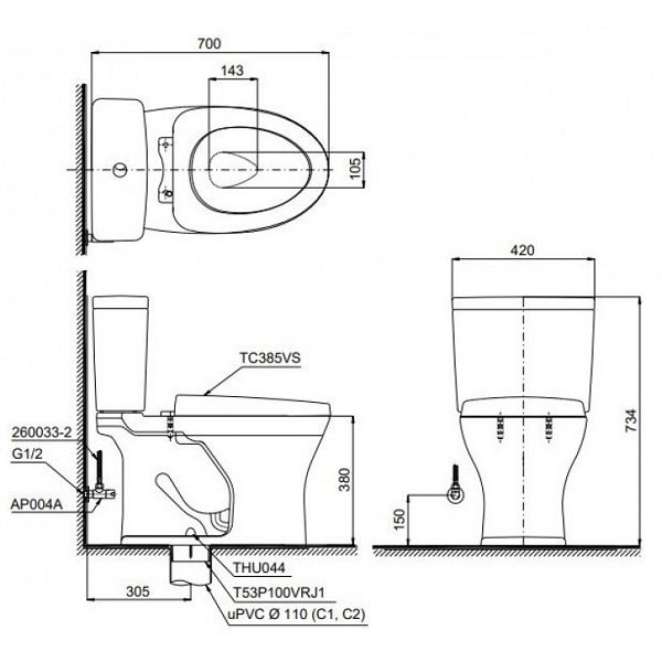 Bồn Cầu 2 Khối TOTO CS735DT3 Nắp TC385VS - Ảnh 3