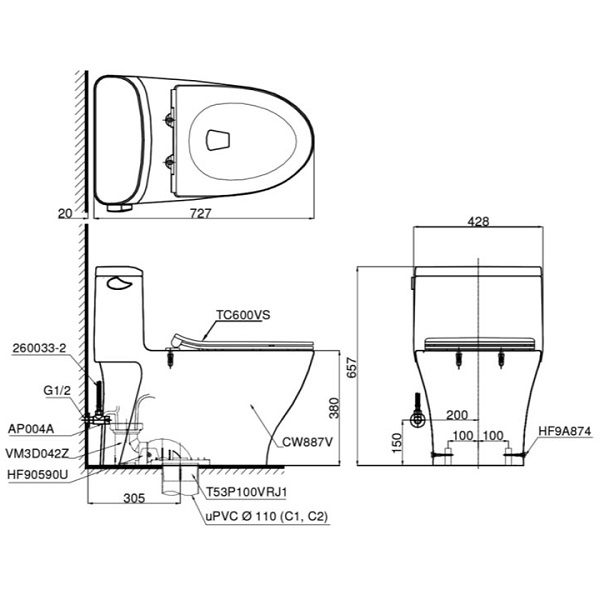 Bồn Cầu 1 Khối TOTO MS887RT8 Nắp TC600VS - Ảnh 4
