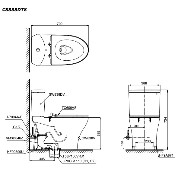 Bồn Cầu 2 Khối TOTO CS838DT8 Nắp TC600VS - Ảnh 4