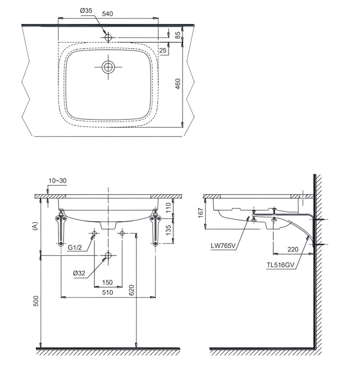 Bản vẽ Lavabo Âm Bàn TOTO LT765
