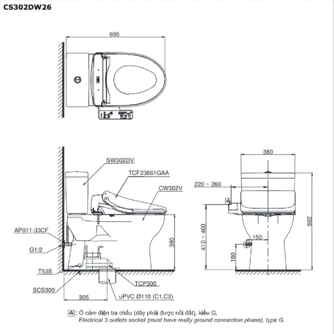 Bản vẽ 2D bàn cầu hai khối TOTO CS302DW26 kèm nắp rửa điện tử WASHLET dòng S1 TCF23661GAA