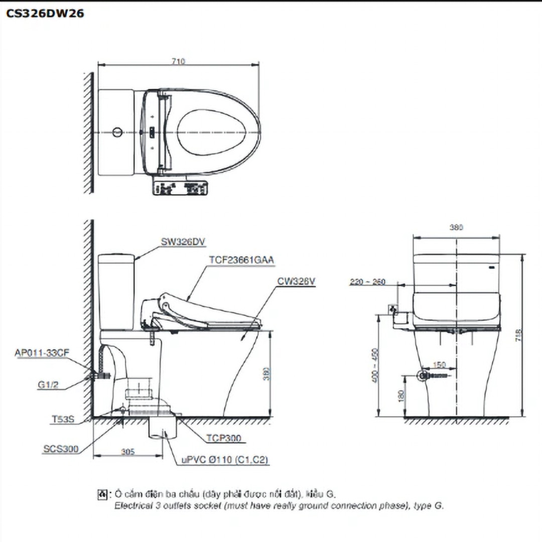 Bản vẽ 2D bàn cầu hai khối CS326DW26 kèm nắp rửa điện tử WASHLET dòng S1 TCF23661GAA
