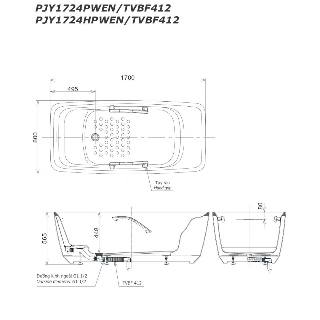 Bản vẽ bồn tắm GALALATO cao cấp đặt sàn PJY1724PWENMW-TVBF412
