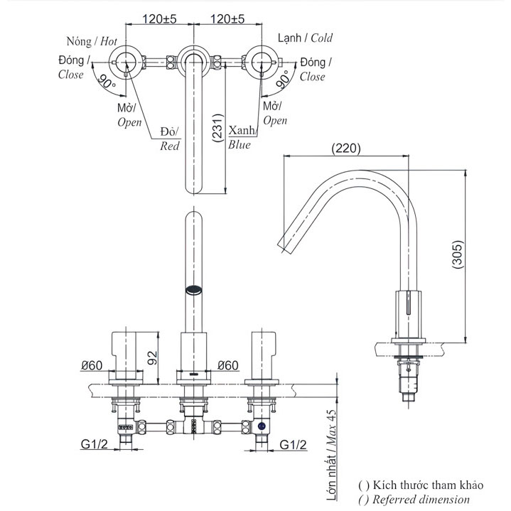 Bản vẽ vòi nước bồn tắm TBG11201B nóng lạnh GF 3 lỗ