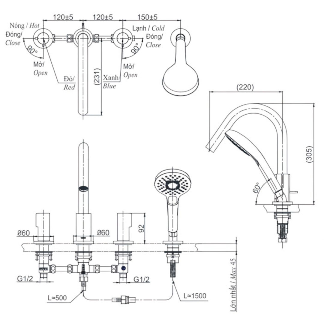 Bản vẽ vòi sen bồn tắm nằm TBG11202A kèm sen tắm GF 4 lỗ